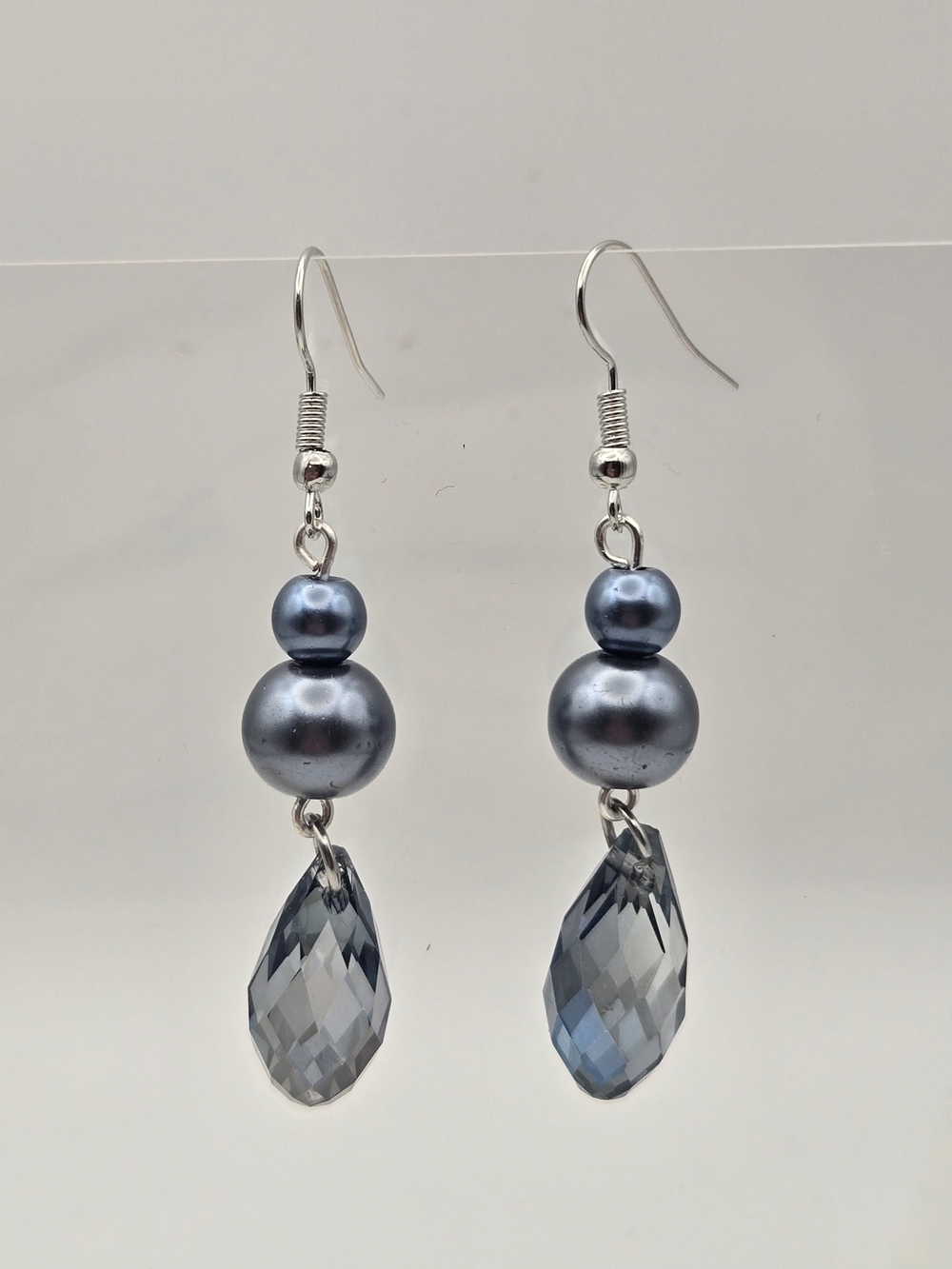 Silver-Tone Grey Glass Pearls and Crystal Drop Earrings - Women Jewelry